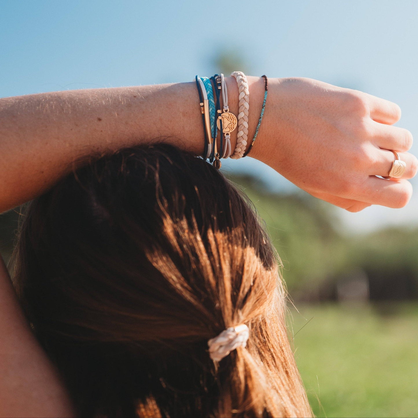 "Protect" Beachy Blues and Sands with Whale Charm Hair Tie Bracelets: Medium