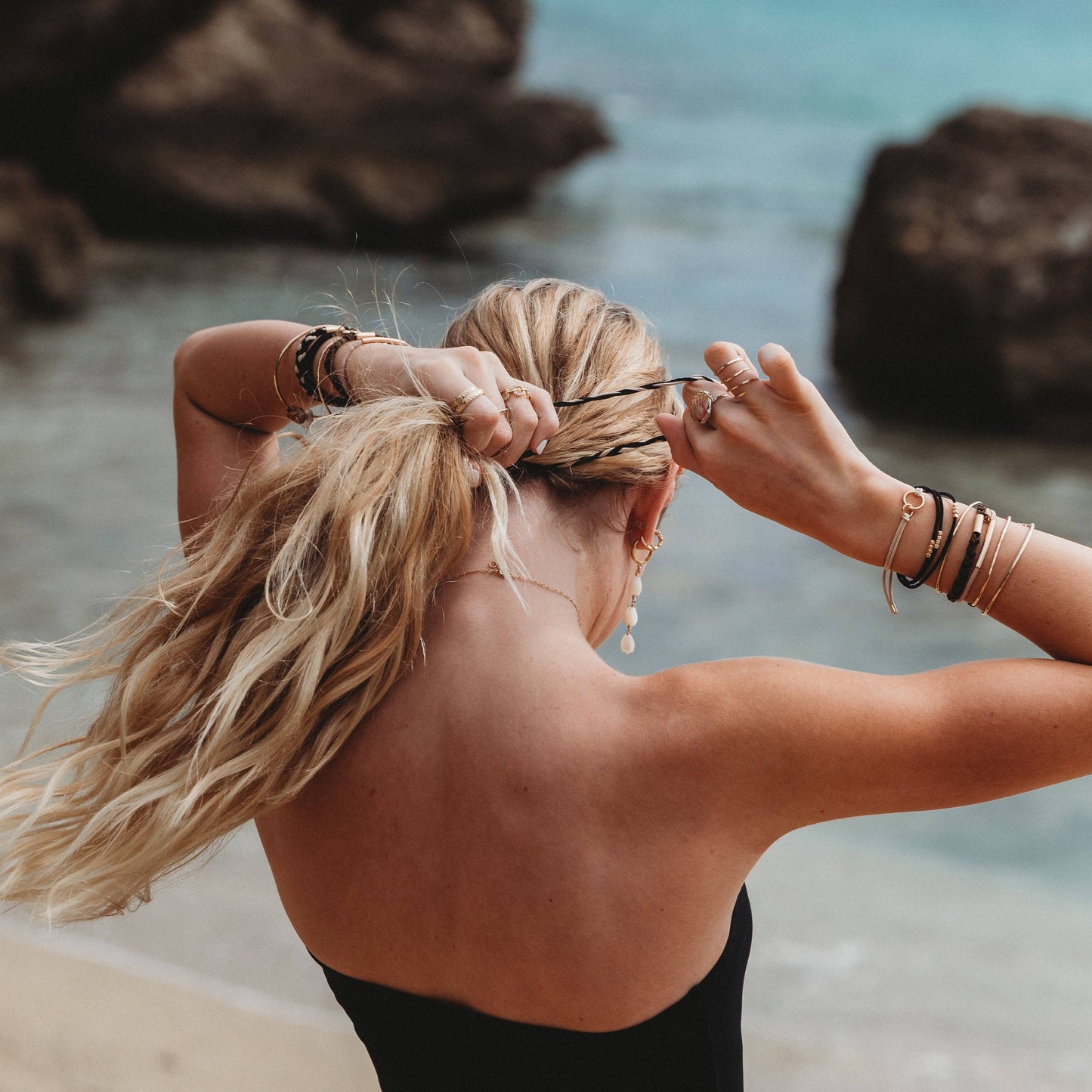 "Connect" Black and Cream with Gold Accent Hair Tie Bracelets: Small