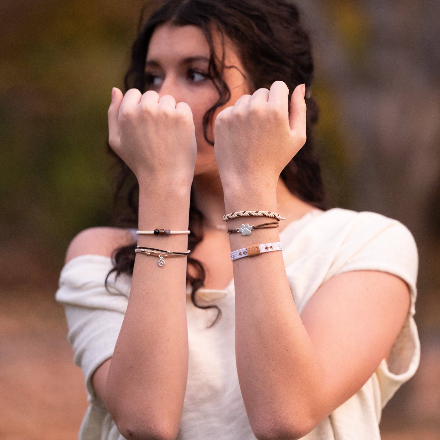 "Paws" Natural Hues with Silver and Paw Accents Hair Tie Bracelet: Small