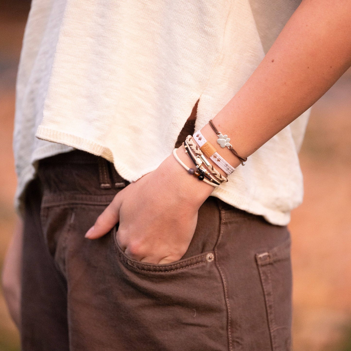 "Paws" Natural Hues with Silver and Paw Accents Hair Tie Bracelet: Large