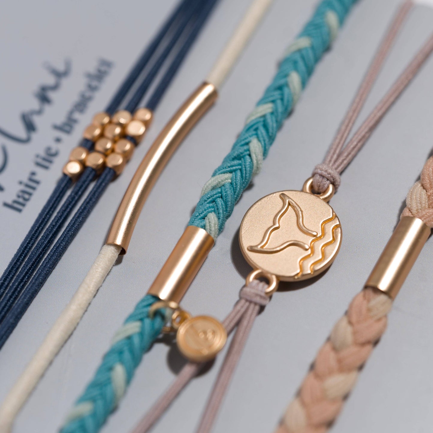 "Protect" Beachy Blues and Sands with Whale Charm Hair Tie Bracelets: Medium