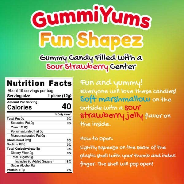 GummiYums: Fun Shapez! (8.1oz) Assorted Gummy Candy Filled with a Sour Strawberry Center