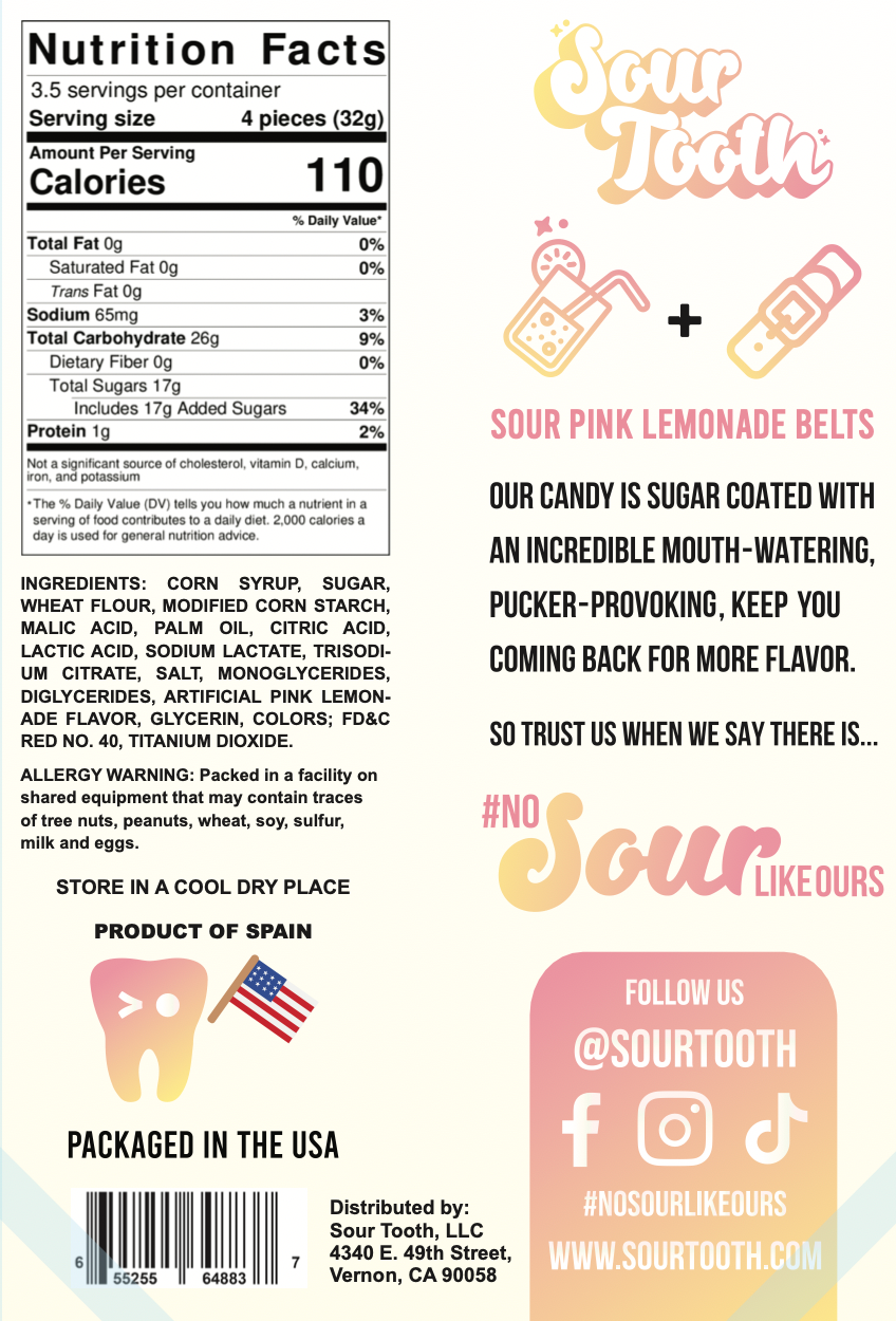 Sour Pink Lemonade Belts — 4oz, Imported from Spain
