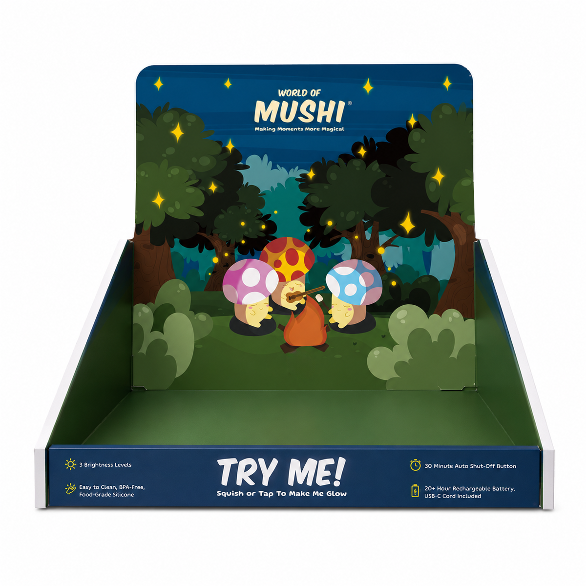 Mushi Display Kit - 3 DEMO unit, Display Box, 3-1 USB-C Cord: Cat + Dog + S'more + Fire