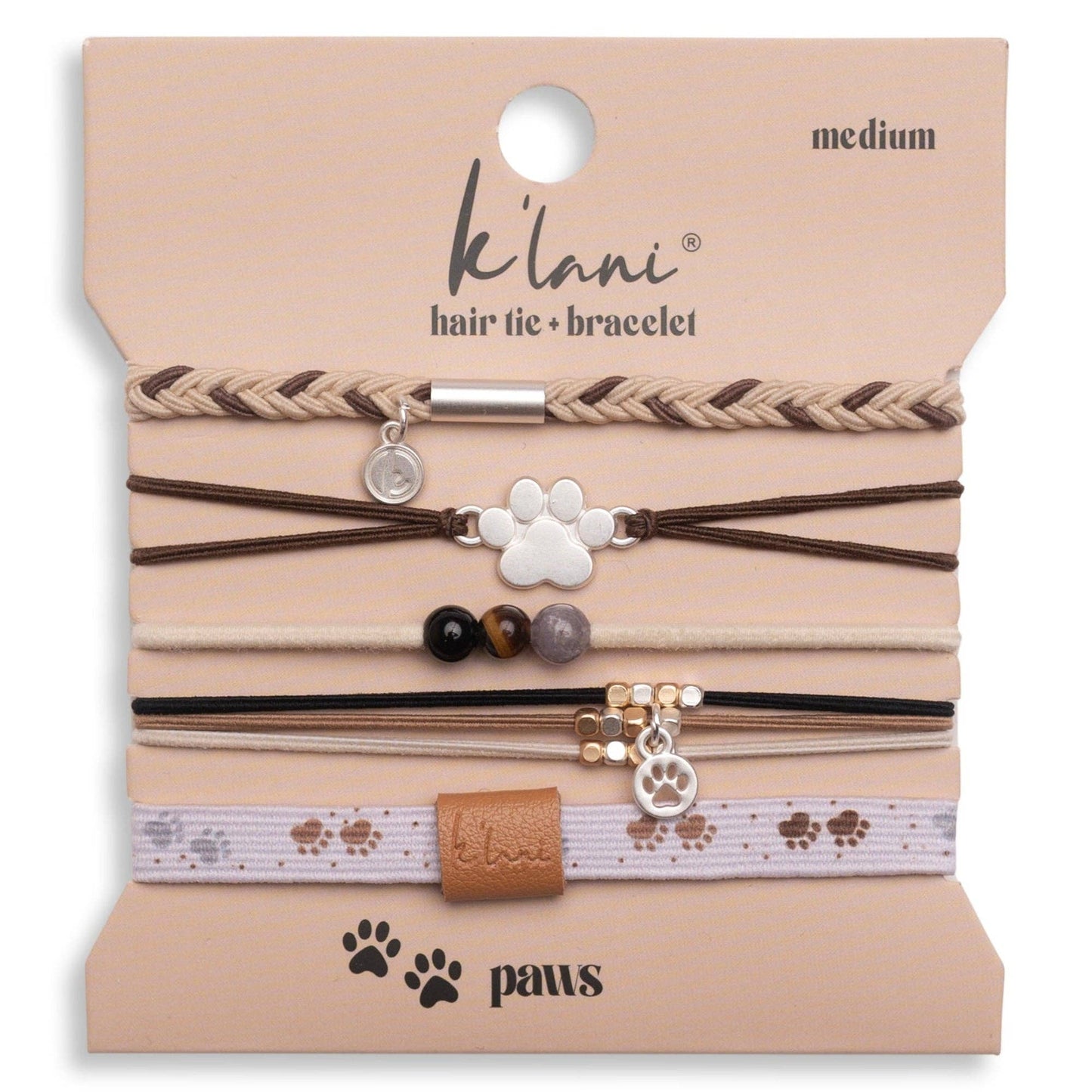 "Paws" Natural Hues with Silver and Paw Accents Hair Tie Bracelet: Large