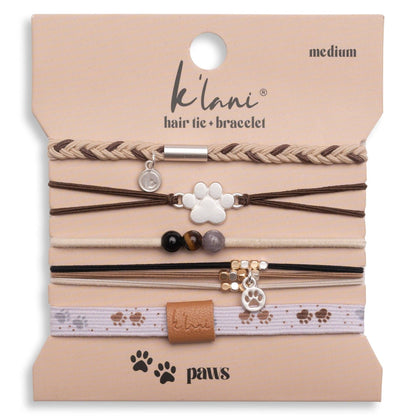 "Paws" Natural Hues with Silver and Paw Accents Hair Tie Bracelet: Medium